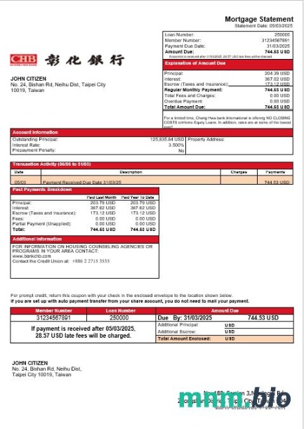 Tajwan Chang Hwa Bank wyciąg z kredytu hipotecznego w formatach Word i PDF